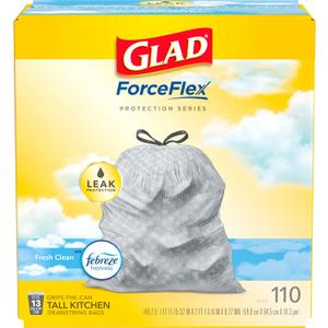 Glad ForceFlex Tall Kitchen Drawstring Trash Bags, 13 Gal, Fresh Clean, 110 Ct