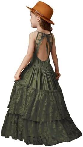 BIBIHOU Girls Kids Lace Back Full-Length Backless Tulle Party Holiday Formal Flower Girl Dress 6Y