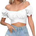 Women's Crop Tops Ruffle Short Sleeve Tie Back Summer Off Shoulder Top Blouse (Large, White)