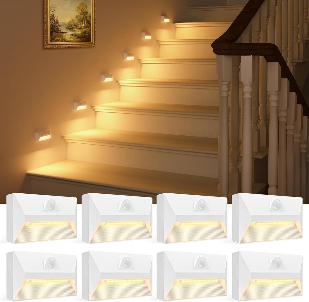 VOLISUN Motion Sensor Stair Light Rechargeable 8 Pack, Night Lights 3 Modes & 3 Color Temperatures, Magnetic Rechargeable Stick-On Lights for Stairs, Hallway, Cabinet(White)