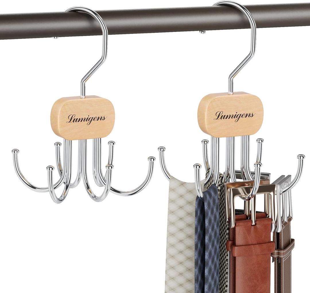 Belt Hanger, Belt Organizer for Closet,Rotatable Tie Rack,Belt Holder,Hanging Closet Storage Hook for Belt, Bra, Tank Top, Tie, Scarf, Purse,2PCS,Natural (2PCS, Natural)