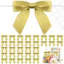 50 Pcs Gold Satin Ribbon Bows with Twist Ties & Adhesive Dots  3.5" x 3.5" Pre-Tied Gift Bows for Candy Bags, Crafts, Gift Wrapping, Baby Showers, Weddings & Party Favors