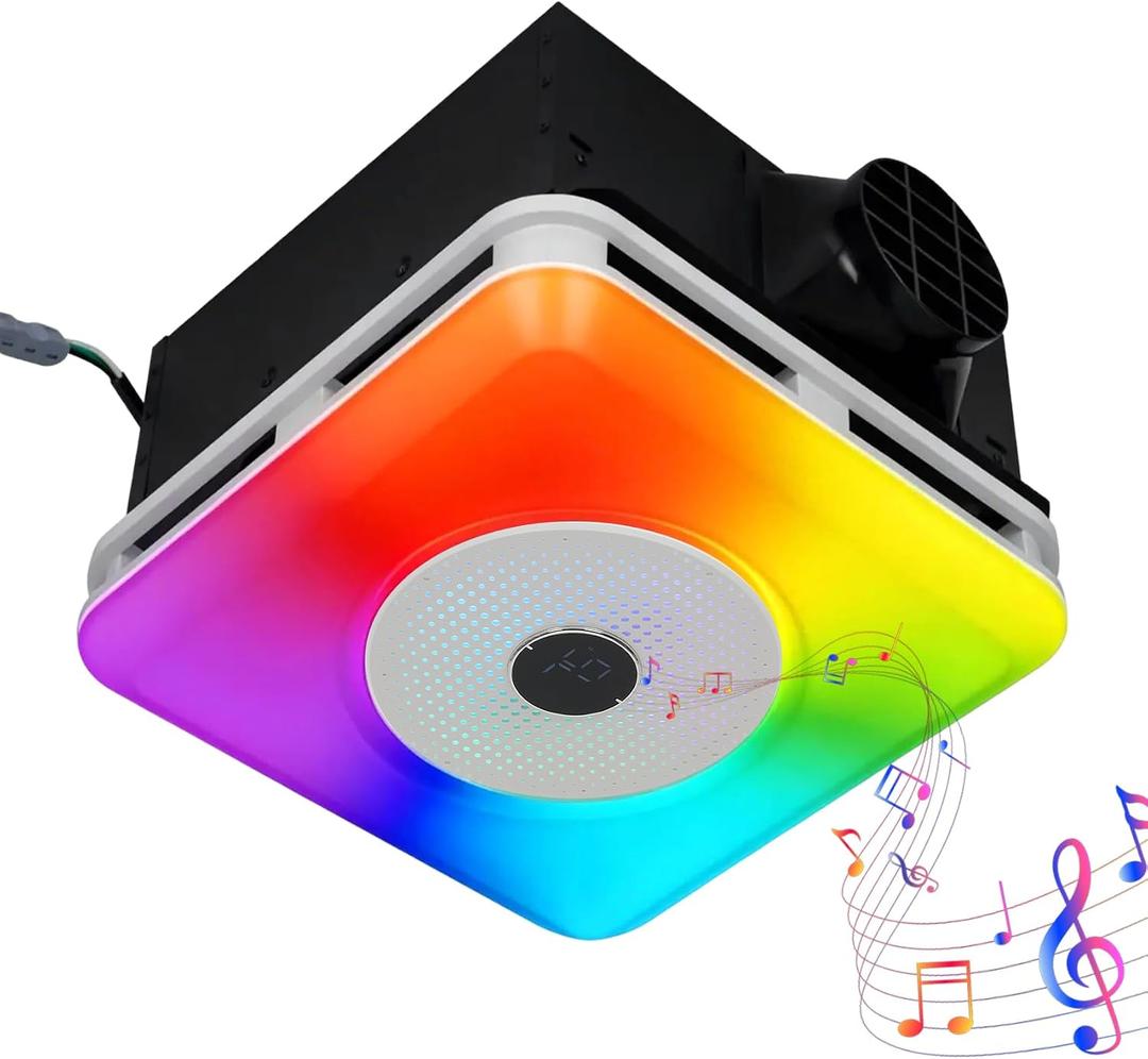 4-in-1 Bathroom Fan with Ligh,Bathroom Exhaust Fan with Bluetooth Speaker & LED Light, 7-Color RGB & 3CCT Adjustable Light, Music Sync, Digital Display, Easy Install,Remote Control