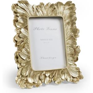 Cuspin 3x5 Picture Frame Small Gold Frames, Vintage Gold Palm Leaves Textured Hand-Crafted Resin with Glass Front, Elegant Retro Photo Frame for Wall and Tabletop Display Home Decor