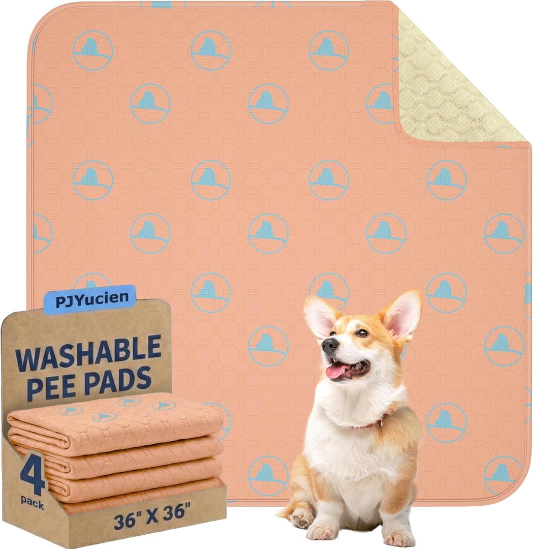 PJYuCien Washable Pee Pads for Dogs 4 Pack, 36" x 36" Non-Slip and Leak-Proof Pee Mat, Puppy Training Pads for Whelping, Playpen, Crate, Bed (Orange)