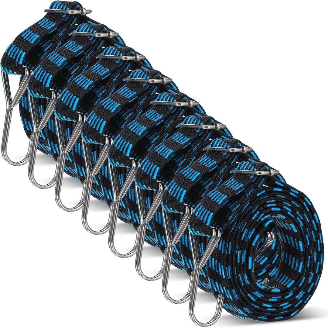 8 pcs Adjustable Bungees Cords, Bungee Cords with Hooks Heavy Duty, Flat Elastic Rubber Bungee Straps with 80 Inch for Camping, Securing Tarps, Moving Cargo, Camps, Tarps