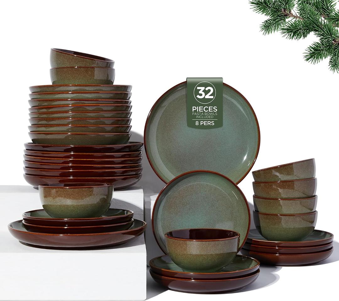 Pokini Ceramic Dinnerware Sets for 8, 32pcs Plates and Bowls Sets Dish Set | Stoneware Dishware sets, Microwave & Dishwasher Safe, Cereal Bowls and Dinner Plates Set, Stackable Dishes Set, Sage Green