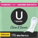 U by Kotex Clean & Secure Ultra Thin Pads, Regular Absorbency, 176 Count (4 Packs of 44) 