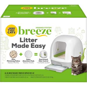 Purina Tidy Cats Hooded Litter Box System, BREEZE Hooded System Starter Kit Litter Box, Litter Pellets & Pads