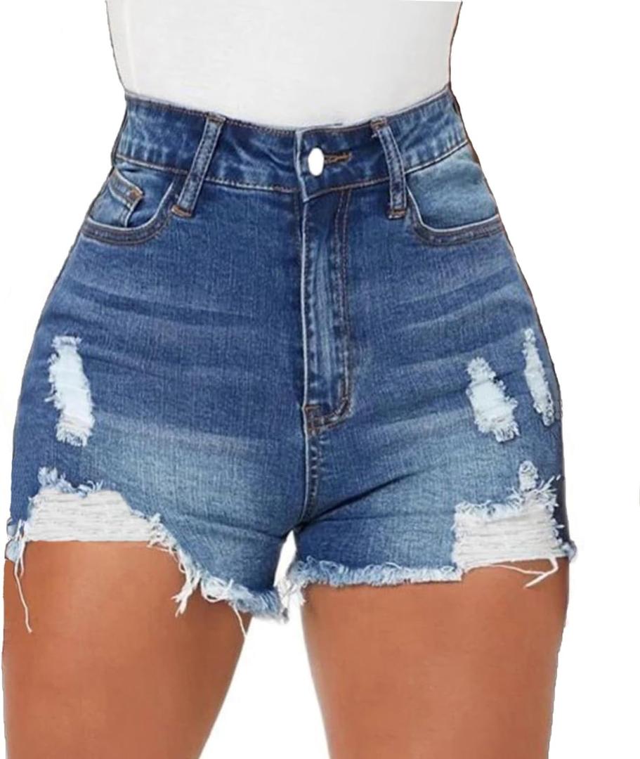 Women High Waisted Skinny Stretchy Denim Shorts Casual Summer Frayed Raw Hem Distressed Ripped Short Jeans (Small, Dark Blue)