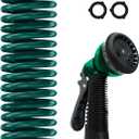 Coil Hose 15FT EVA Coil Garden Hose With 3/4'' Brass Connector Coiled Water Hose Lightweight And No Kink Includes 7 Patterns Spray Nozzle For Outdoors Lawn Watering Car Washing, Green
