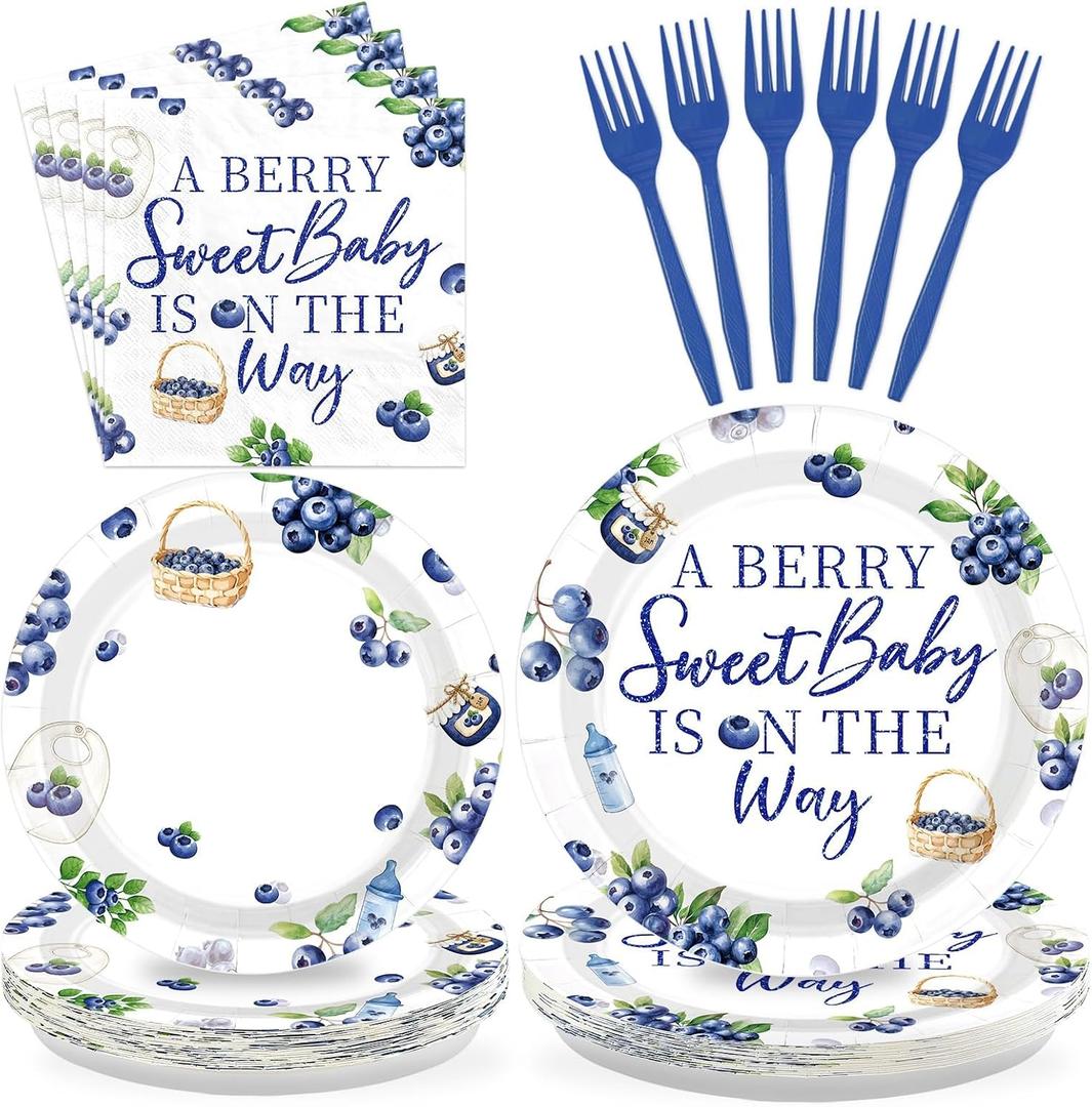 96 Pcs Blueberry Baby Shower Decorations Berry Paper Plates and Napkins A Berry Baby Is On The Way Tableware Set for Baby Shower Blueberry Fruit Themed Party Supplies, Serves 24