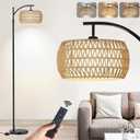 Arc Floor Lamp for Living Room,Farmhouse Floor Lamps with Remote Control & Dimmable Bulb, Boho Rattan Tall Standing Lamp for Bedroom Office