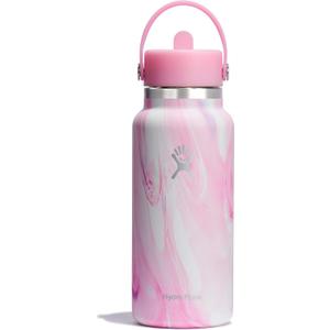 Hydro Flask Water Bottle - Insulated Stainless Steel - Wide Mouth Flex Straw Lid, Non Spill, Leakproof and Refillable in 32 Oz Jelly Pink