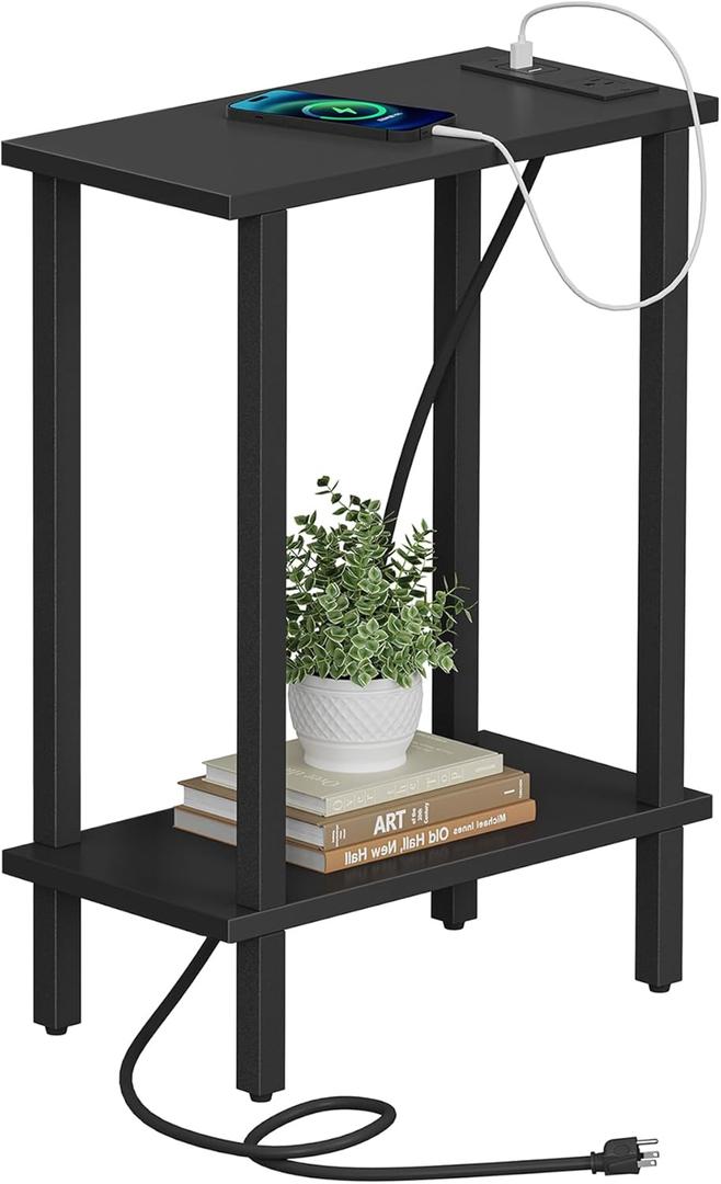 TUTOTAK Small End Table with Charging Station, Narrow Side Table with USB Ports and Outlets, Skinny Sofa Table, Slim Nightstand, Living Room, Bed Room, Black TB01BK060 (2-tier)