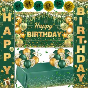 Green and Gold Birthday Decorations - Emerald Green and Gold Party Decor Include Happy Birthday Banner, Balloons, Porch Sign, Tablecloth, Paper Pom Poms