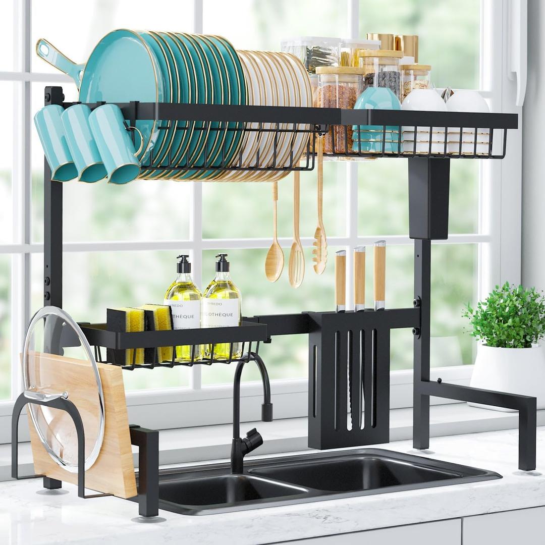 Dish Drying Rack Over The Sink - Large Capacity Stainless Steel Dish Drainer, Multifunctional Kitchen Organizer, Black, 11" D x 30"~33.9''W x 21.5" H