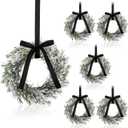 6 Pcs 9.8" Christmas Cabinets Wreaths for Kitchen Snowy Cedar Wreath with Ribbon Bows Artificial Hanging Wreaths Garland Decorations for Home Window Door Porch Holiday Party Decor(Black)