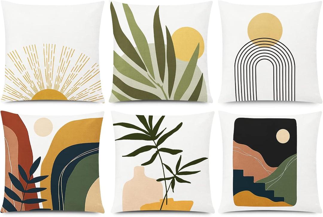 COMMINY Abstract Boho Pillow Covers 18x18 Set of 6,Rustic Sunset Leaves Throw Pillow Cover,Minimalist Modern Pillow Case for Couch Sofa Room Home Decor (Nordic)