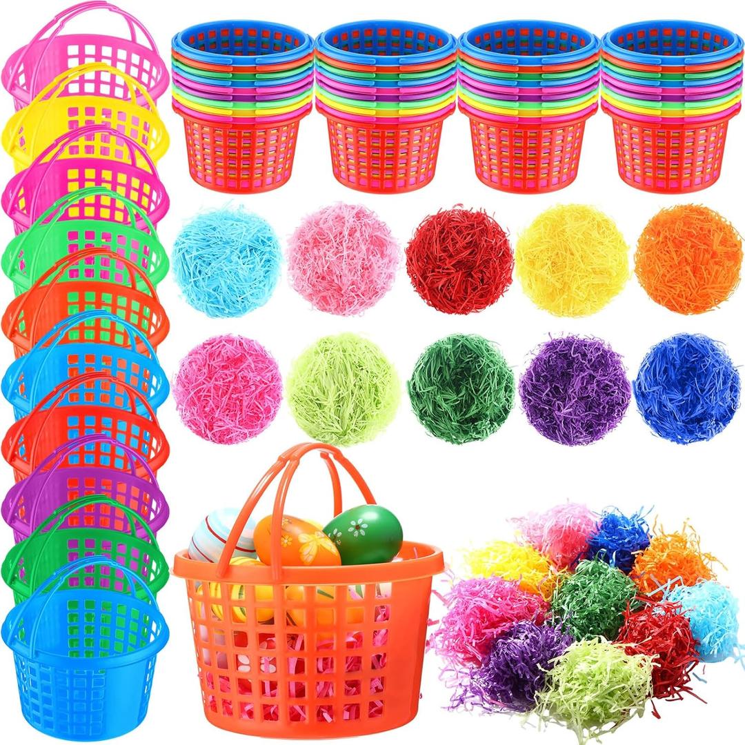 Wenqik 50 Pcs Plastic Easter Baskets for Kids Bulk 4.3 x 6.7 in Easter Egg Baskets Empty Plastic Buckets with Handle, 400g Easter Grass Stuffers Fillers for Party Favor Egg Hunt Gift