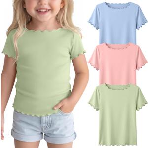 3 Pack Toddler Girls' Short Sleeve Tops | Baby, Cute, Tee, Crop, Lettuce Trim, Kids, T-shirt, Boat Neck, Blouse, Solid, Casual, Summer, Plain, Classic, Elegant