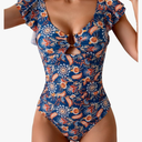 Eomenie Women's One Piece Swimsuit Tummy Control Bathing Suit Cutout Ruffle Slimming Swim Suit M, Navy Blue Print