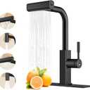 Waterfall Kitchen Faucet with Pull Down Sprayer, Hurran Stainless Steel Kitchen Sink Faucet with 4 Modes(Sweep/Stream/Waterfall/Sprayer),360 Swivel Modern, Matte Black