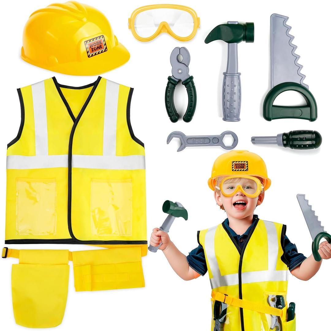 Toddler Tool Set, Construction Worker Costume for Kids 3 4 5 6, Boys Girls Pretend Play Toys with Construction Vest, Hat & Adjustable Tool Belt