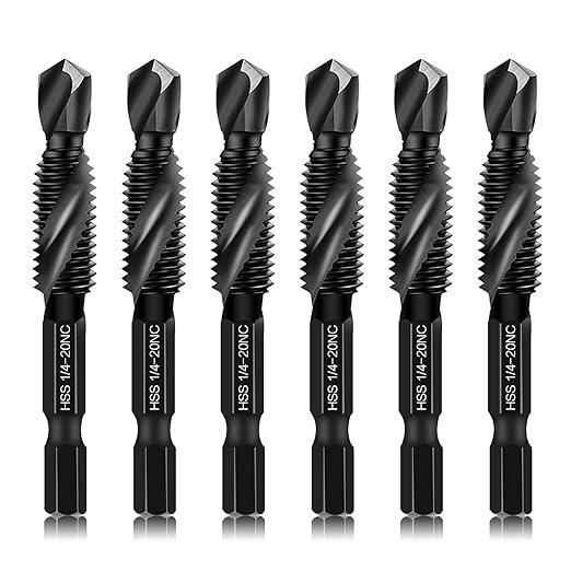 Drill & Tap Bits Set of 6pcs - 6 SAE Sizes: 6-32NC to 1/4-20NC, 6 Metric Sizes: M3 to M10 and a Quick-Change Adapter – Combine Drilling Tapping Threading Countersinking Functions in One Bit, Black