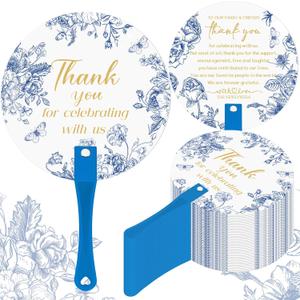 100 Pcs Wedding Hand Fans for Guests Bulk Decorative Plastic Handheld Wedding Favor Fans with Handle Thank You for Celebrating with Us for Ceremony Bridal Shower Party Decor(Blue Flower)
