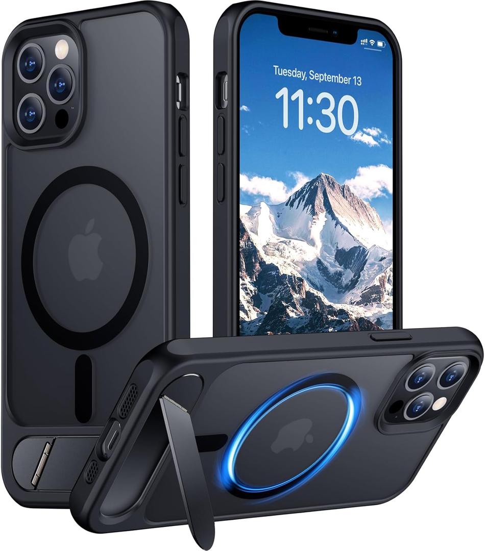 Temdan Magnetic Compatible with iPhone 12 Pro Max Case, [Built-in Invisible Kickstand][Compatible with MagSafe][Military Grade Shockproof] Slim Translucent Matte Phone Case for iPhone 12 Pro Max 6.7" (Black)