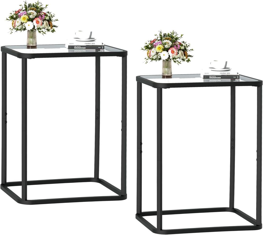 Glass Side Table Two Set, Rectangle 2PCS End Table with Metal Frame, Modern Bedside Table for Office, Bedroom, Living Room, Study,Small Spaces,Easy Assembly,15.75 * 11.81 * 20.87 Inches,Black,2PCS