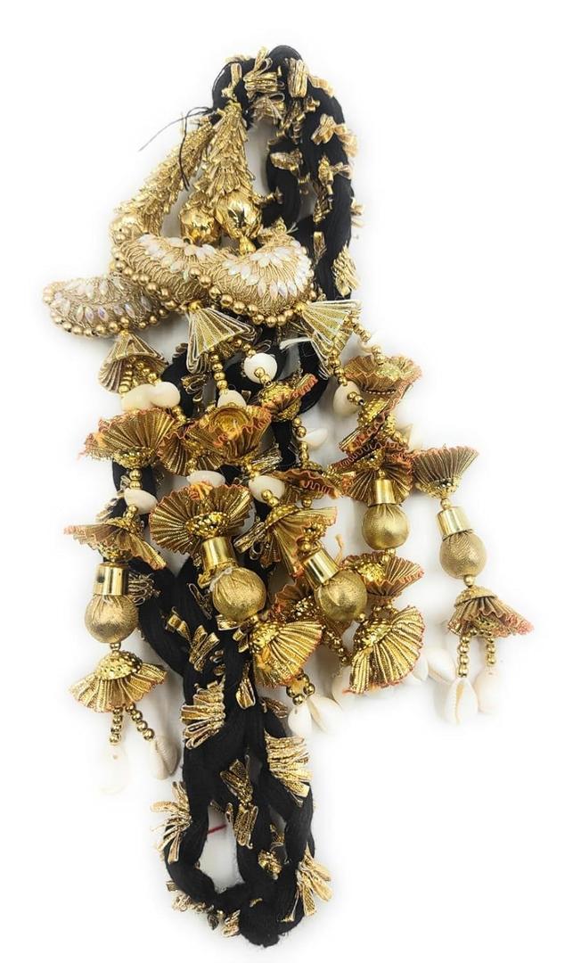 Export Quality Heavy Design Punjabi Paranda Hair Accessory Black Patiala Shahi Parandi with Golden Gotapatti Dori, Traditional Braid Tassel Extension for Women & Girls.