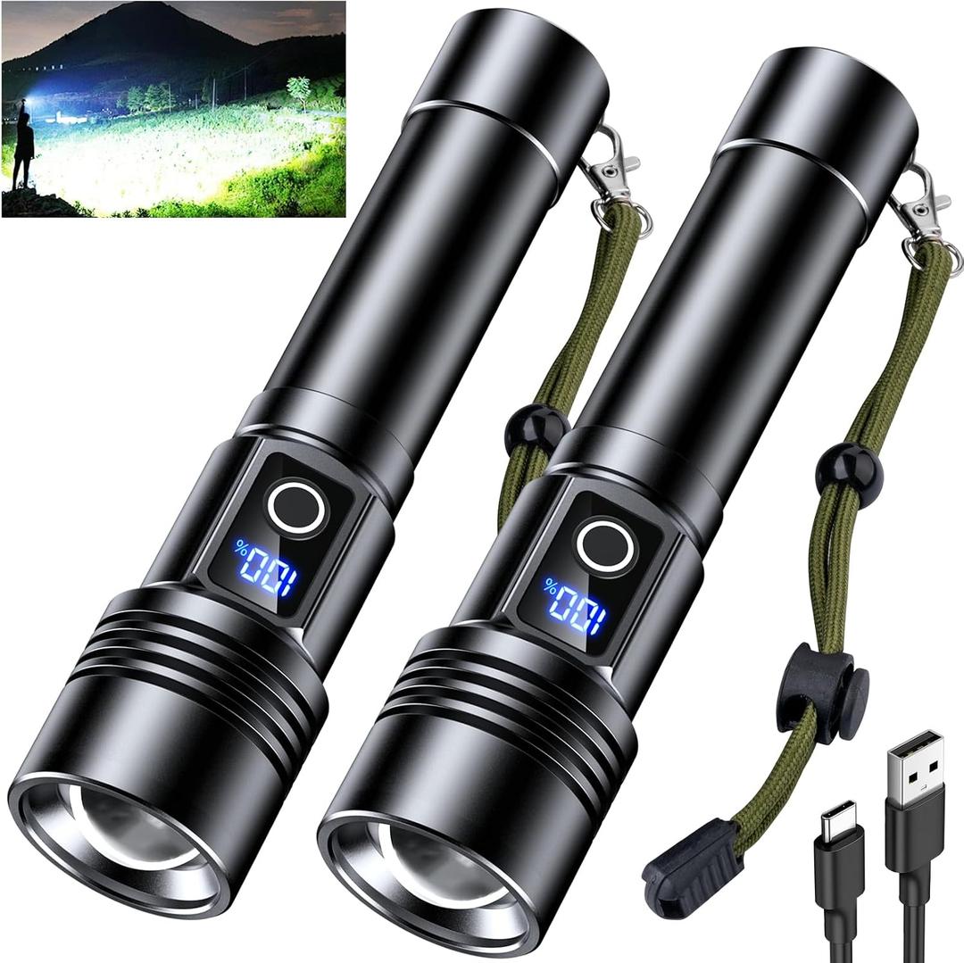 AKNEAR Rechargeable LED Flashlight 99000High Lumens, Super Bright Portable Flash Light USB C Rechargeable, 6 Modes, 30H Runtime, Zoomable Tactical Flashlights for Home, Camping, Hiking, Emergency, 2 Pack