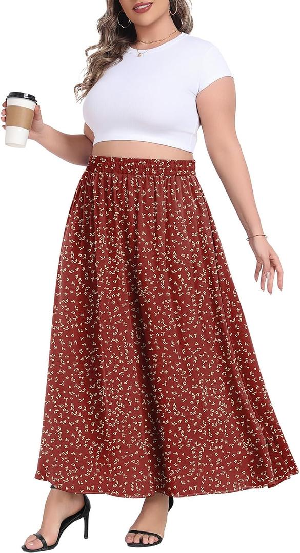 Lastshe Plus Size Maxi Skirts for Women Casual Elastic High Waist Inside Drawstring Flowy A-line Long Skirt with Pockets (3X, Orange Red Dot)