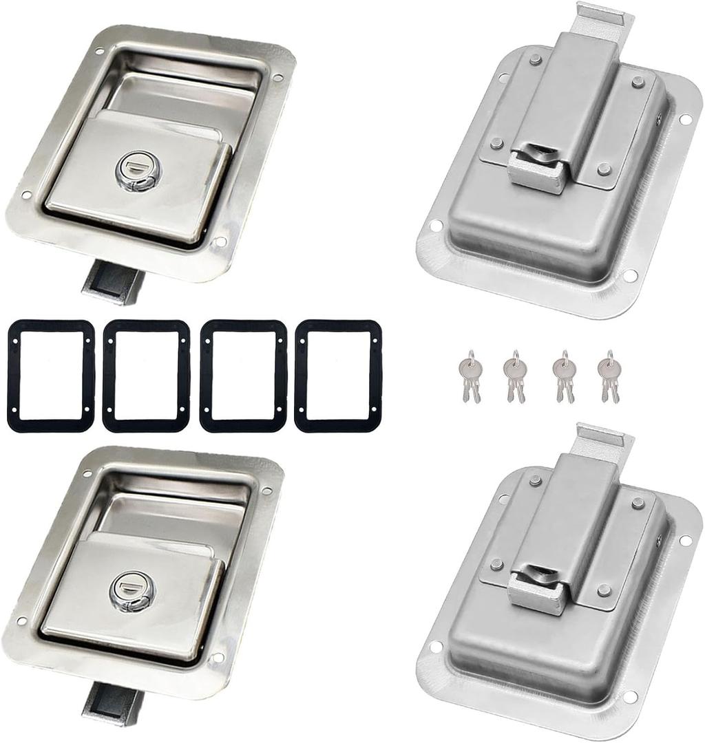 Pack of 4 Stainless Door Lock Heavy Duty Flush Mount Handle Latch for Trailer Toolbox RV Handle Latch with Gasket Keys