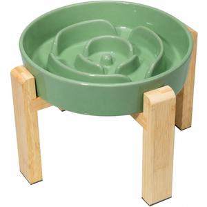Elevated Slow Feeder Dog Bowl Large Breed, 8.8 Inch Ceramic Slow Eating Bowl with Bamboo Stand, Anti-Choking Raised Maze Design for Medium to Large Dogs, 3.2 Cup, Green