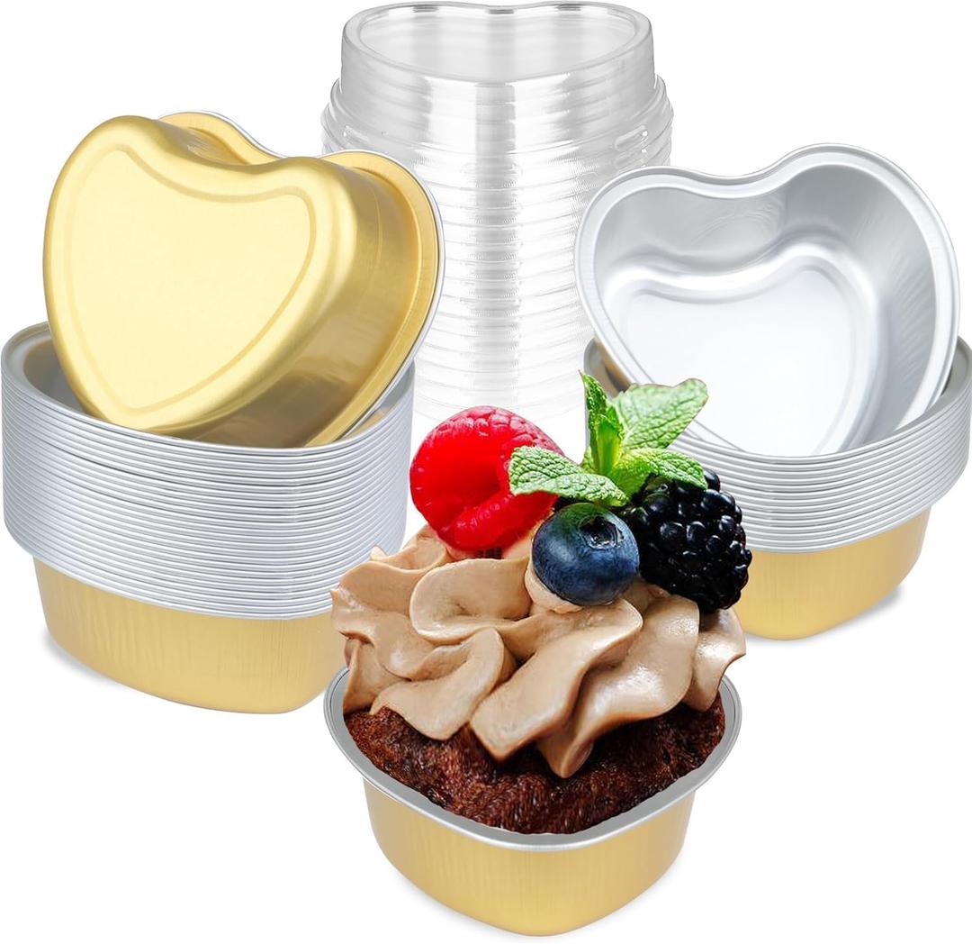 Mini Cake Pans 3.5oz Aluminum Foil Heart Cake Pan with Lids, 50 pcs Disposable Small Heart Baking Pan Gold for Valentine Weddings Birthday