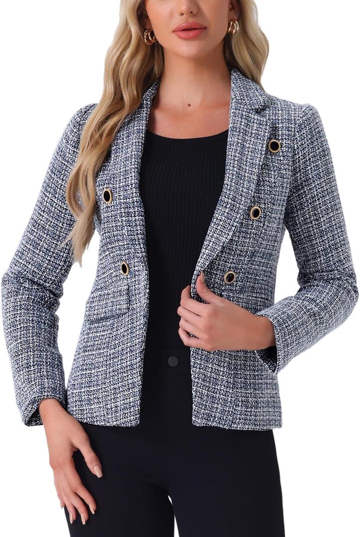 Allegra K Women's Elegant Plaid Jacket Long Sleeve Open Front Tweed Blazer X-Large Blue Black