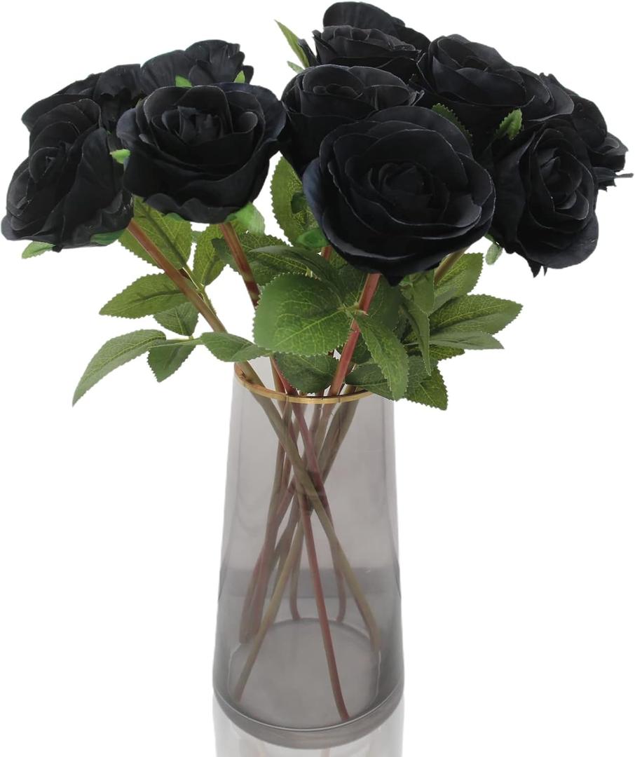 Hananona Black Artificial Roses for Flower Arrangement, 12 Pcs Silk Black Roses Bouquet for Halloween Home Decoration, Faux Black Roses for Halloween and Gothic Decoration