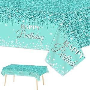 3 Pieces Teal and Silver Birthday Tablecloths for Happy Birthday Party Decorations Plastic Disposable Breakfast Blue Theme Table Covers for Girls Women Silver GlitterParty Supplies, 54 x 108 Inches