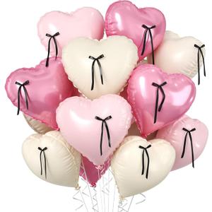 Pink Heart Balloons, 10 Pcs Pastel Pink Cream Heart Shaped Balloon with Black Bow Ribbon, 18 Inch Pink Sand White Foil Balloons for Girls Women Brithday Baby Shower Wedding Valentines Party Decoration