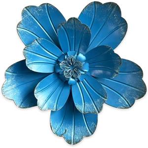 Metal Flower Wall Sculpture, 9.5" Rustic Modern Artwork Distressed 3D Layered Vintage Iron Flower Wall Hanging Accent for Indoor Kitchen, Bedroom Living Room Office Outdoor Garden Patio Decor (Blue)