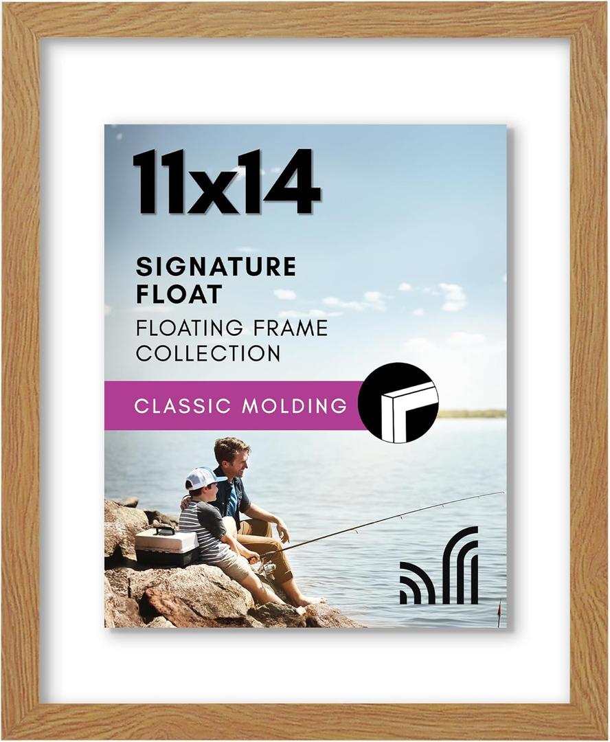 Americanflat 11x14 Floating Picture Frame with Polished Crystal-Clear Glass - Use as 8x10 Picture Frame or Display 5x7 Photo - Signature Float Collection - Photo Frames for Wall Display - Dark Oak