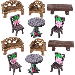 Skylety 12 Pieces Garden Furniture Ornaments Miniature Table and Chairs Set Village Micro Resin Bench Chair for Dollhouse Accessories Home Micro Landscape (Cute Style)