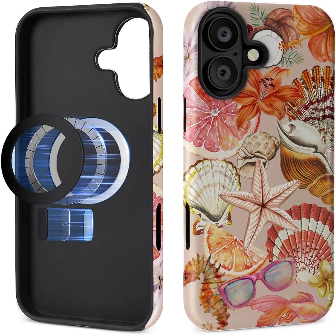 Case for iPhone 16 Plus,[Compatible with MagSafe]Retro Watercolor Shells Design Phone case,Hybrid Double-Layer Protection,Shockproof Fingerprint Resistant