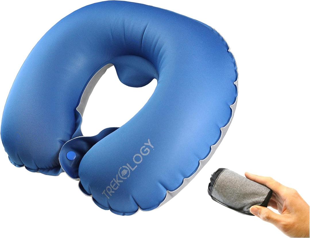 TREKOLOGY Inflatable Neck Pillow for Travel  Compact Ultralight Air Pillow with Button Inflation & Quick Deflate  Dual-Fabric Neck Support Cushion for Airplane, Car, Train, Bus