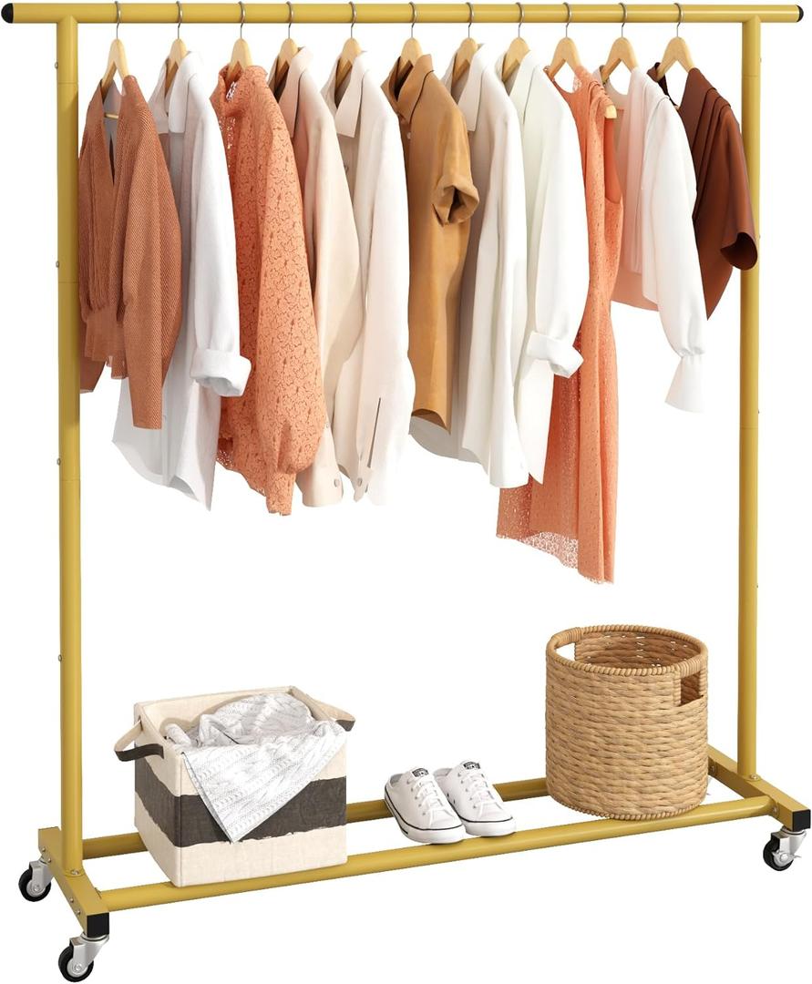 Buzowruil Clothing Clothes Rack Standard Rod Simple Rolling Metal Garment Rack Organizer Hanger with Wheels,Gold