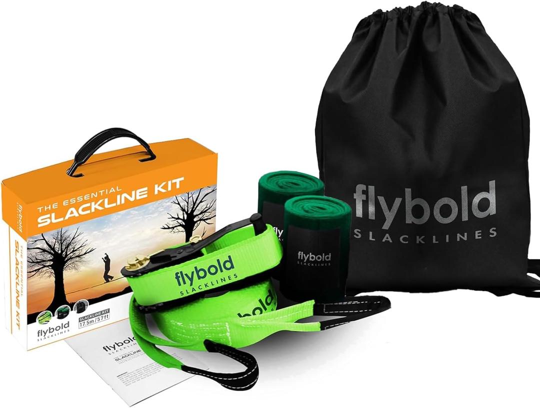 Flybold 57ft Slackline Kit - Slack Lines for Backyard for Kids and Adults with Tree Protectors, Carry Bag and Ratchet - Ninja Slackline Obstacle Course and Balance Rope for Core Strength Training