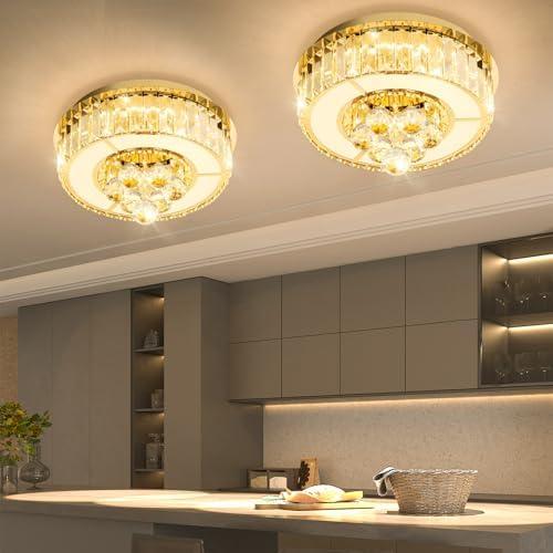 AFQEJG 11.8" Gold Modern Crystal Chandeliers for Dining Room LED Dimmable Light Fixtures Flush Mount Light Living Room Bedrooms